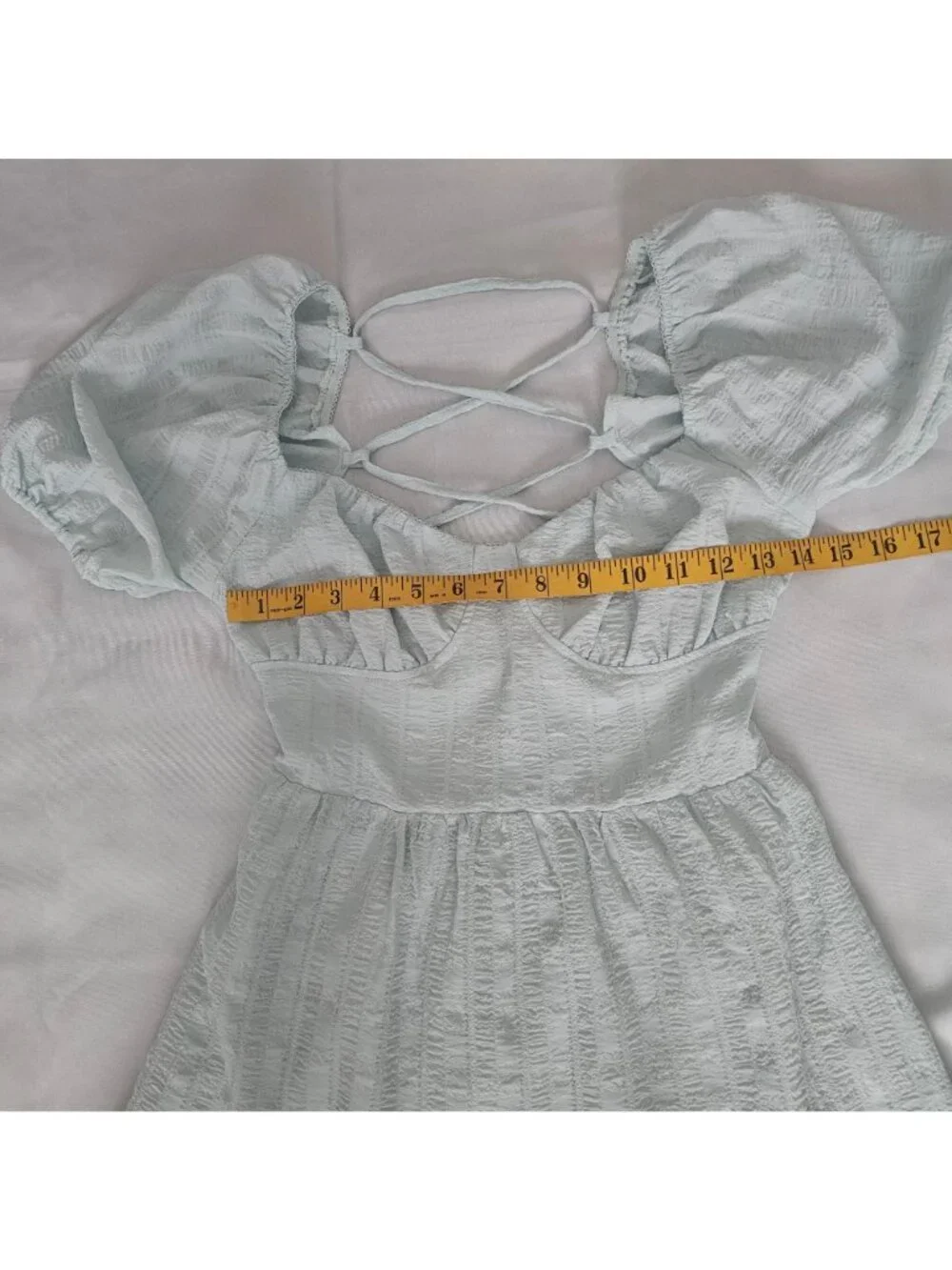 Forever 21 Puff Sleeve Crisscross Tie Back Tiered Skirt Maxi Dress Size Medium - Picture 10 of 13